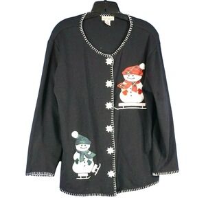 SUSAN LAWRENCE Sweater Cardigan BLACK Christmas SNOWMAN ON SKI & SKATES sz M